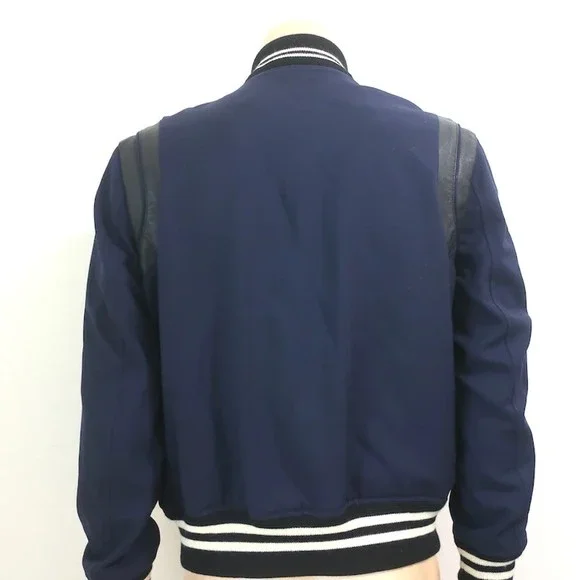 Saint Laurent Teddy Bomber Jacket Navy/Black Leather-Trimmed Wool Size 52 - Picture 3 of 7